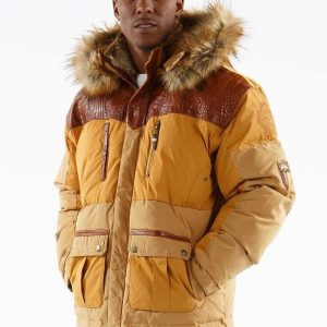 Pelle Pelle Mens Brown Puffer Long Fur Hooded Coat