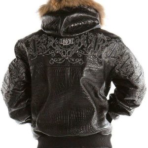 Pelle Pelle Mens Crocodile Skin Fur Hooded Black Leather Jacket