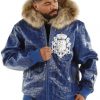 Pelle Pelle Mens Crocodile Skin Fur Hooded Blue Leather Jacket