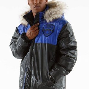 Pelle Pelle Mens Gray and Blue Puffer Long Fur Hooded Coat