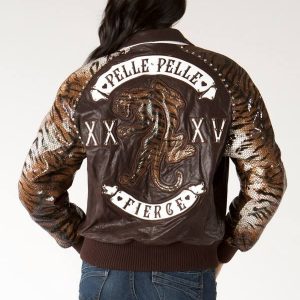 Pelle Pelle Womens Cheetah Sleeves Brown Leather Jacket