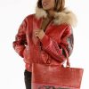 Pelle Pelle Womens Red Fur Hooded Leather Jacket
