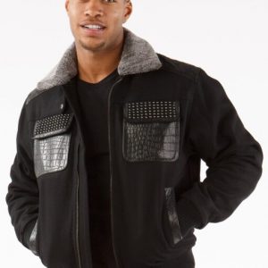 Pelle Pelle Mens Studded Gator Black Wool Jacket