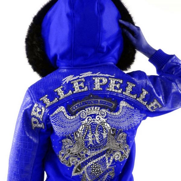 Pelle Pelle Womens 40th Anniversary Blue Fur Hooded Jacket