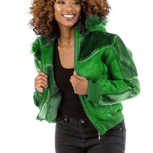 Pelle Pelle Womens Dull Green Fur Hooded Bomber Jacket